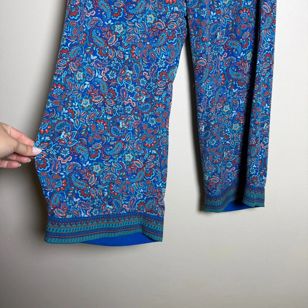 J. Jill Women 100% Rayon Pants M Petite Blue Paisley Floral Elastic Resort Boho